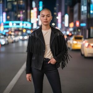 Bermans Lg Thinsulate Lined Leather Suede Crop Western Fringe Motorcycle Jacket